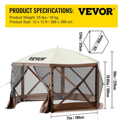 Camping Screen Gazebo Tent, 6-Sided Pop-Up Shelter, Mesh Windows, Portable, Carry Bag & Stakes