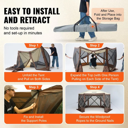 Camping Screen Gazebo Tent, 6-Sided Pop-Up Shelter, Mesh Windows, Portable, Carry Bag & Stakes