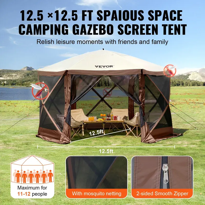 Camping Screen Gazebo Tent, 6-Sided Pop-Up Shelter, Mesh Windows, Portable, Carry Bag & Stakes